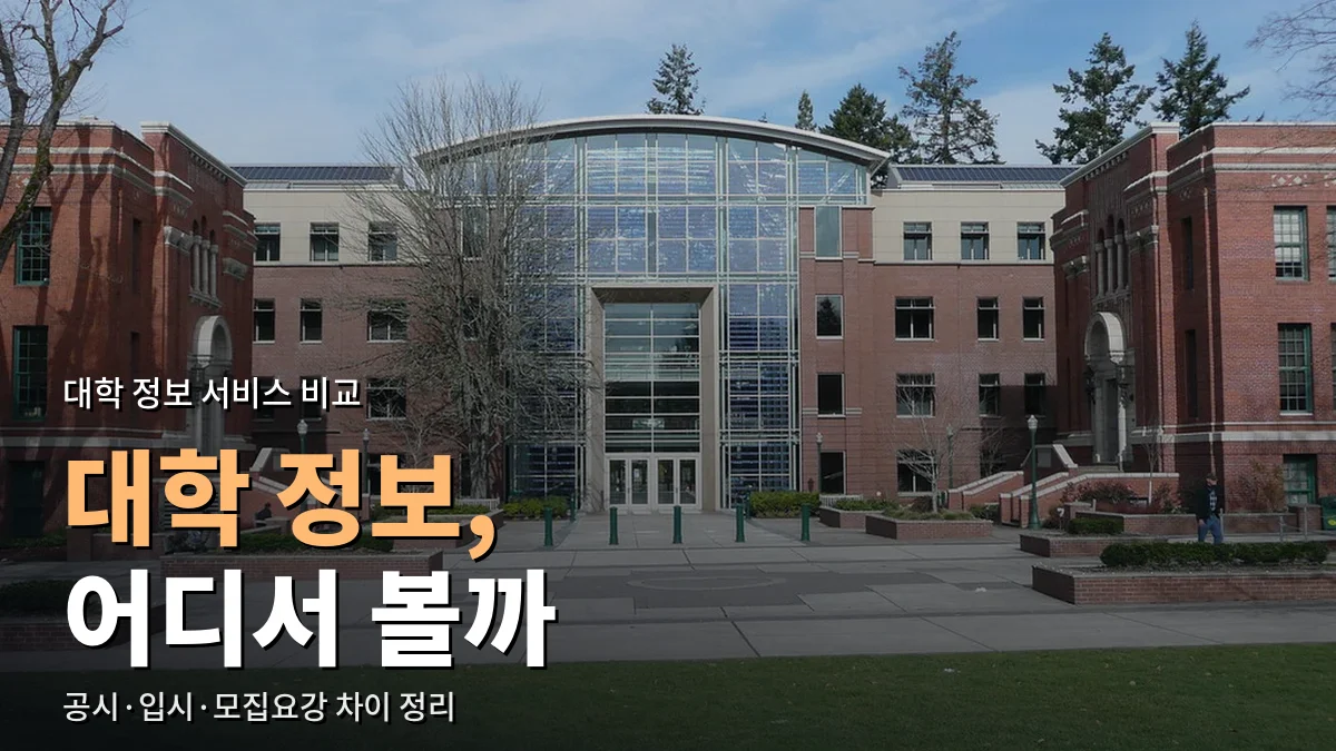 잔디 광장 너머로 보이는 유리 현관의 붉은 벽돌 대학 건물